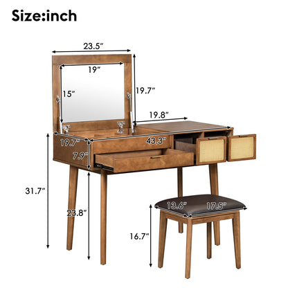 DOINUO 43.3" Wood Makeup Vanity Desk with Flip-top Mirror & Drawers, Vanity Dressing Table Set with Storage Space and Cushioned Stool, Vanity Makeup Desk Set for Bedroom Brown