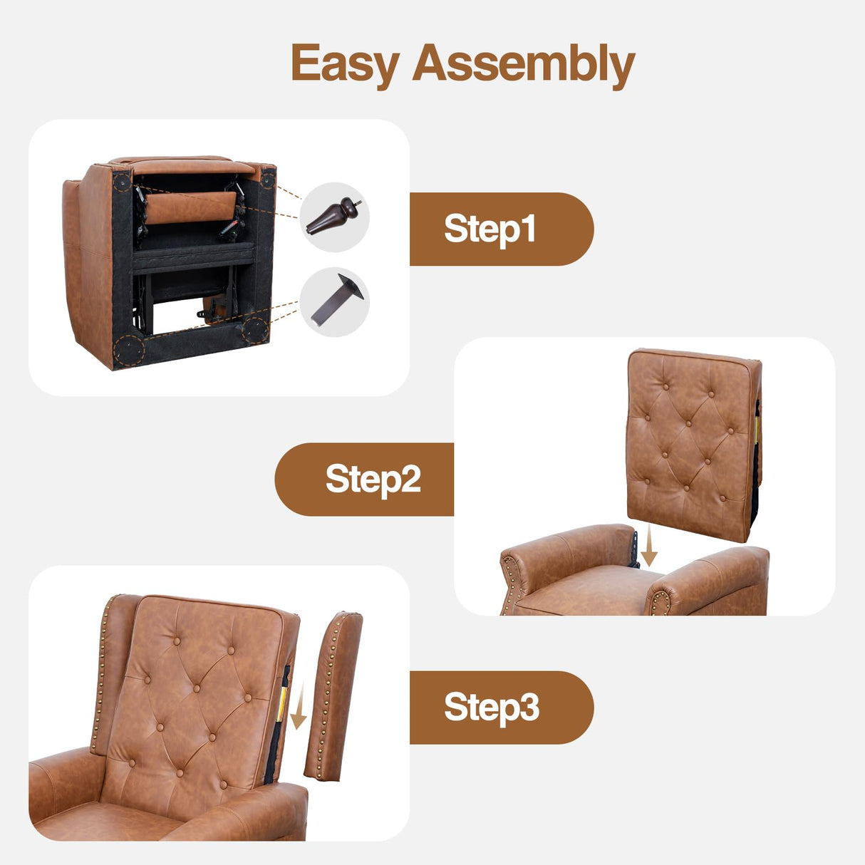 Small Recliner Chair, Single Sofa Recliner Chair with Wingback, Leather Accent Chair with Rivet Decoration for Living Room Bedroom Club Cafe, Matt Brown FiveWillowise