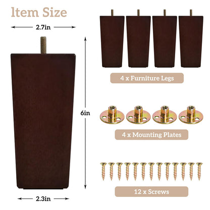 6 Inch Wooden Sofa Legs Set of 4, Brown Square Wood Furniture Feet Couch Legs, Mid Century Modern Dresser Replacement Feet for Chair Cabinet Armchair Recliner Table Or Home DIY Projects Bun Feet