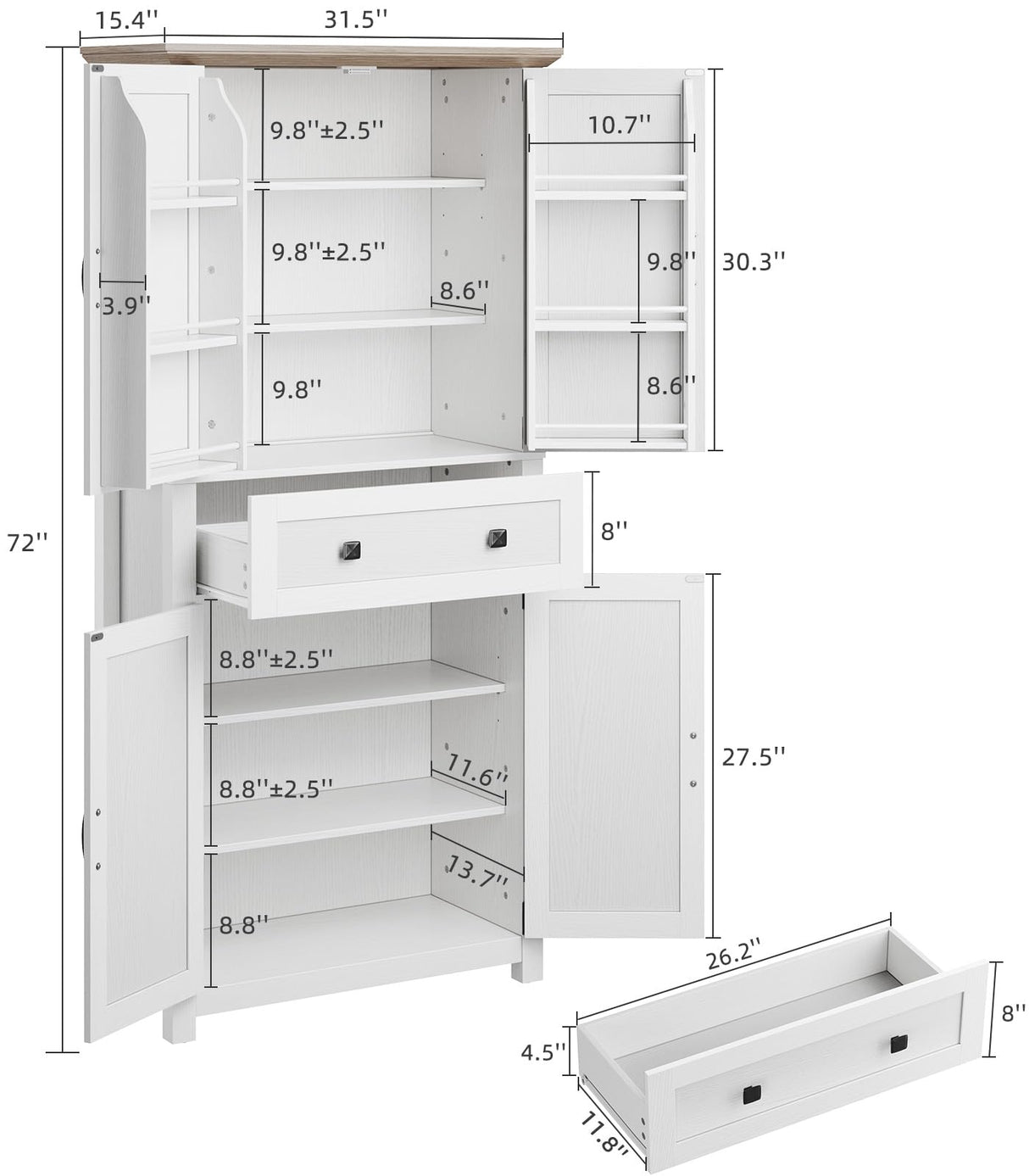 Memobarco 72" Kitchen Pantry Cabinet,Tall Storage Cabinet with 4 Doors Shelves,2 Cabinets,Drawer,Adjustable Shelves,Freestanding Cupboard for Kitchen,Dining Room,Living Room,Laundry,White+Gray Memobarco
