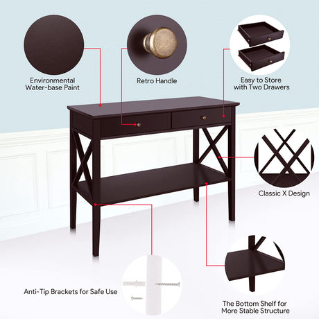 ChooChoo Console Table with Drawers, Narrow Wood Accent Sofa Table Entryway Table with Storage Shelf for Entryway, Front Hall, Hallway, Living Room, Espresso ChooChoo