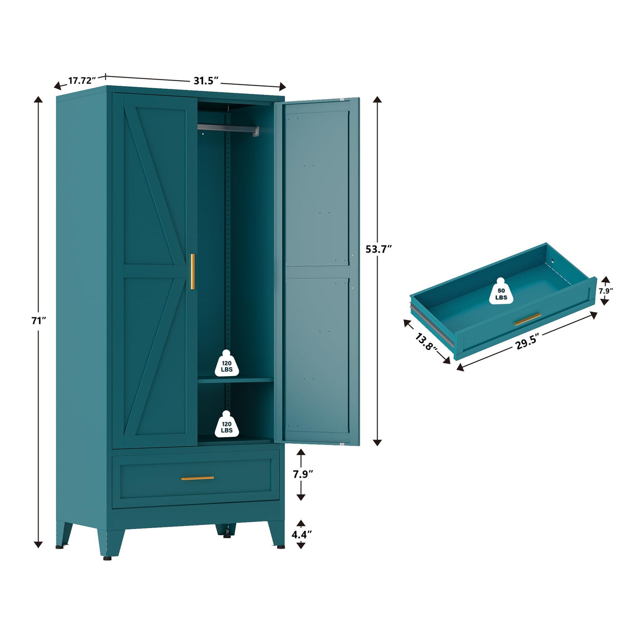 QINPTWUT 71" Large Capacity Metal Wardrobe with 1 Drawers and Adjustable Shelf - Heavy Duty Steel Storage Cabinet for Bedroom, Office,Laundry Room,Bedroom and More (Blue, 71" - 1 Drawer) QINPTWUT