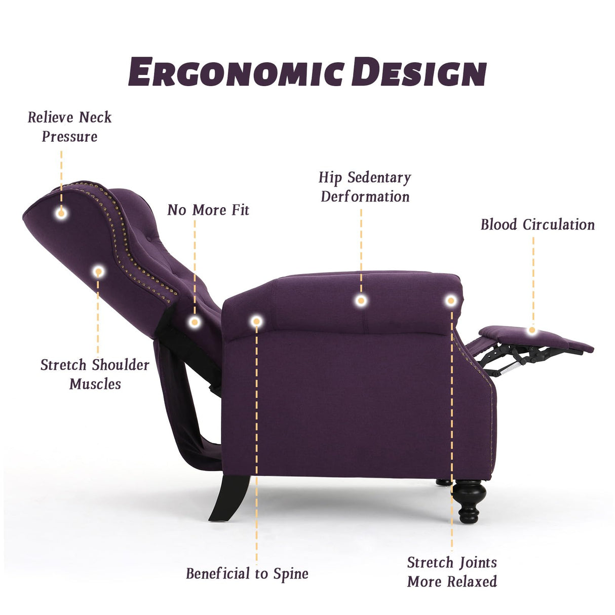 Push Back Recliner Chair, Mid Century Wingback Recliner, Accent Chair with Rivet Decoration, Fabric Push Back Single Sofa for Living Room Adjustable Backrest (Plum) Xinmviec