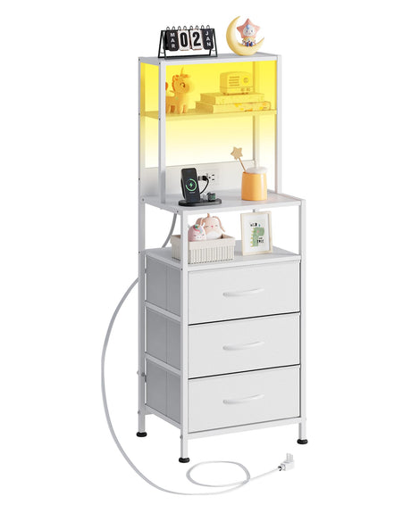 WLIVE Tall White Nightstand with Charging Station, LED Night Stand with 3 Fabric Drawers and Storage Open Shelves, Bedroom Nightstand Table, Bed Side Table for Living Room WLIVE