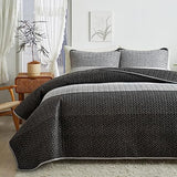 Flysheep Boho Striped Quilt Set Full Queen Size, 3 Pcs Grey and White Reversible Bedspread, Brushed Microfiber Coverlet for All Season, 1 Quilt + 2 Pillow Shams Flysheep