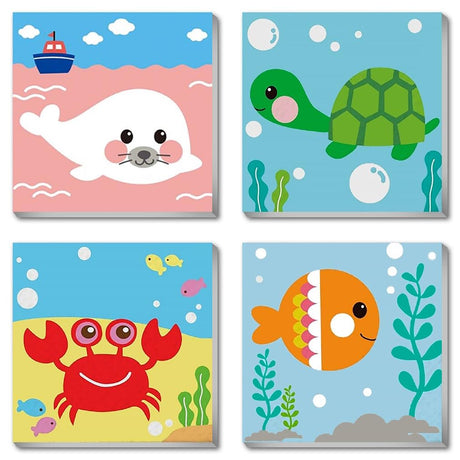 Canrichshop 4 Pack Framed Paint by Numbers Kit for Kids,Cute Sea Animals Painting Kits for Ages 4-6,Easy Paint by Number Kids Paint for Beginner,DIY Acrylic Oil Painting Kit for Wall Decor(8X8inch) Canrichshop