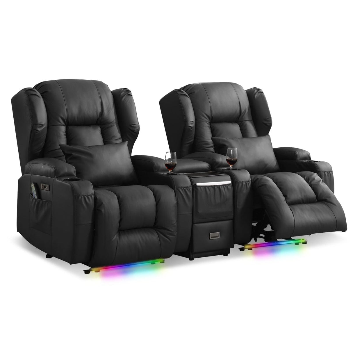 DRMBOOK Power Recliner Chair, Electric Wall Hugger Reclining Sofa with Massage & Heat, Overstuffed Theater Seating with LED/USB Port/Cup Holders for Living Room (Leather Black, 2 Chairs with Console) DRMBOOK