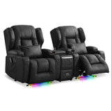 DRMBOOK Power Recliner Chair, Electric Wall Hugger Reclining Sofa with Massage & Heat, Overstuffed Theater Seating with LED/USB Port/Cup Holders for Living Room (Leather Black, 2 Chairs with Console) DRMBOOK