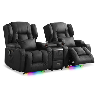 DRMBOOK Power Recliner Chair, Electric Wall Hugger Reclining Sofa with Massage & Heat, Overstuffed Theater Seating with LED/USB Port/Cup Holders for Living Room (Leather Black, 2 Chairs with Console)