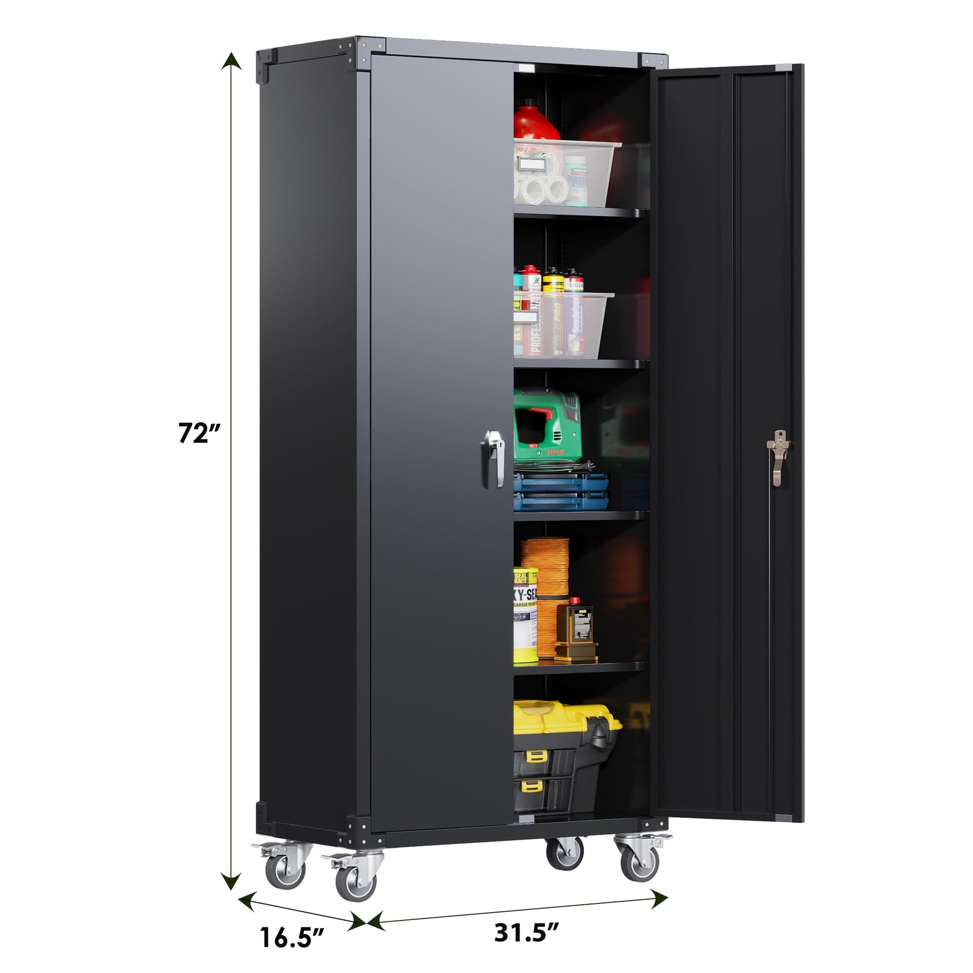 JAORD Metal Storage Cabinet with Wheels, Rolling Storage Cabinet with 4 Adjustable Shelves and 2 Doors, 72” Lockable Storage Cabinet for Home, Utility Room, Assembly Required(Black) - WoodArtSupply