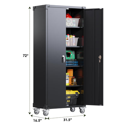 UINSOO 72" Tall Black Metal Storage Cabinet with Wheels, Rolling Storage Garage Cabinet with Adjustable Shelves and Door for Garage, Office, Kitchen, Laundry Room, Assembly Required - WoodArtSupply