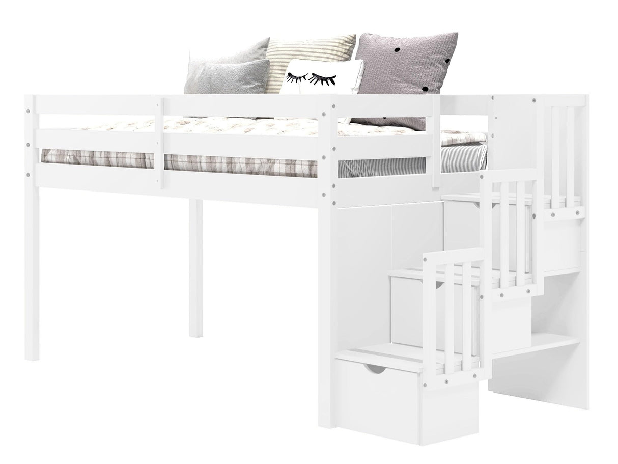 Bedz King Contemporary Low Loft Twin Bed with 3 Step-Stairway, White Bedz King