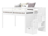 Bedz King Contemporary Low Loft Twin Bed with 3 Step-Stairway, White Bedz King