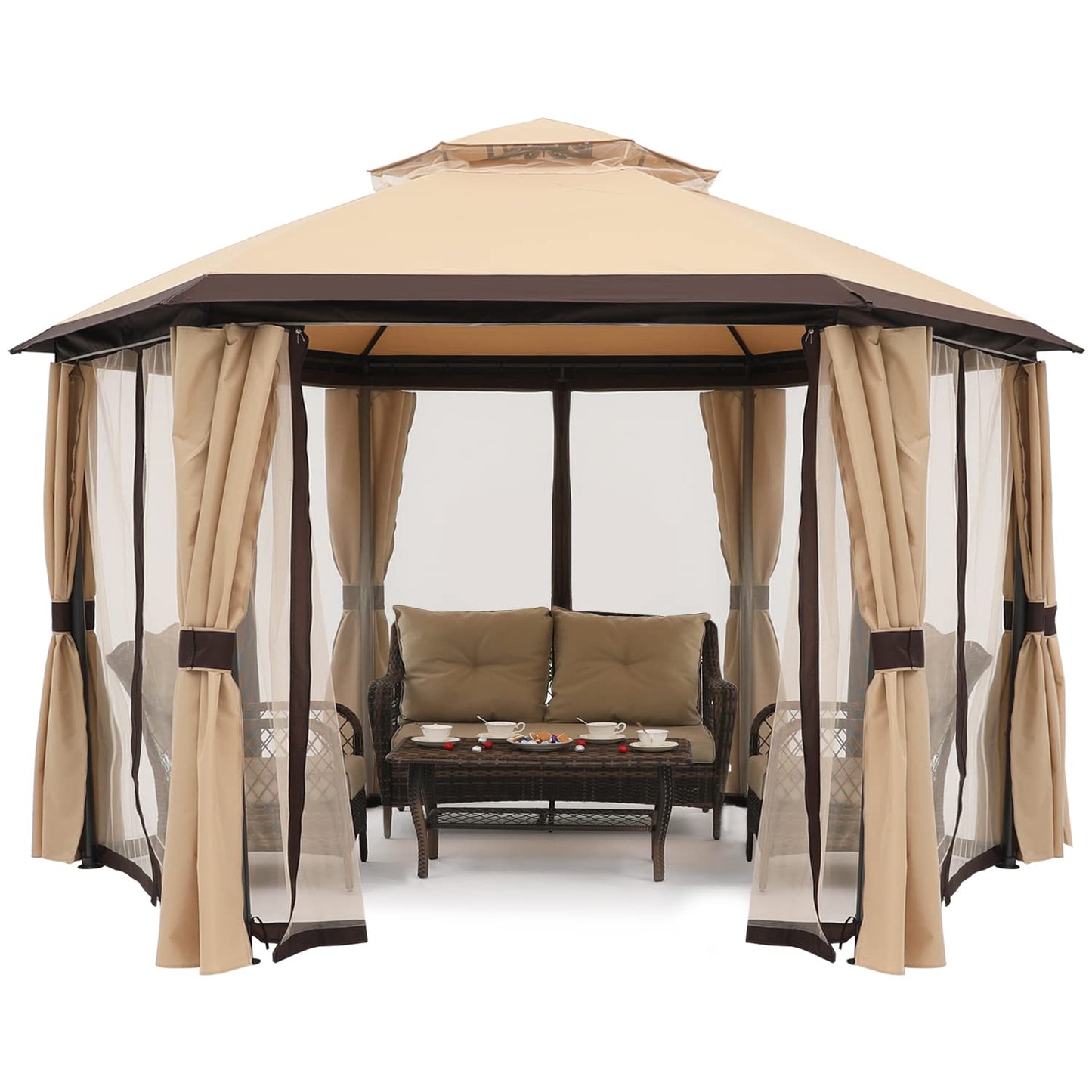 10'x10' Gazebos for Patios Outdoor Hexagonal Gazebo with Netting and Privacy Curtains by ABCCANOPY Beige