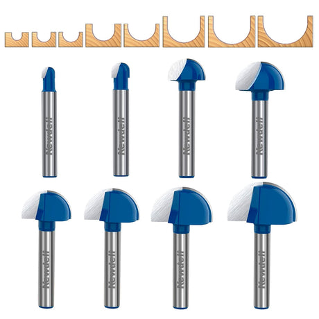 Cove Box Router Bit Set ,Newdeli 8Pcs 1/4 Inch Shank Round Nose Router Bit-1/4" 5/16" 3/8" 1/2" 5/8" 3/4" 7/8" 1" Cutting Diameter, Solid Carbide Double Flute Cove Box Round Nose Woodworking Tool Newdeli