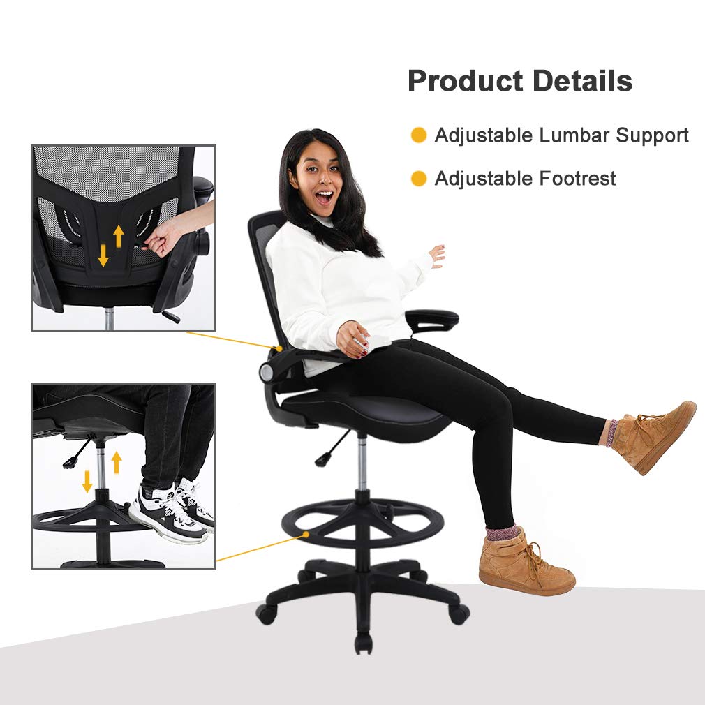 Drafting Chair Ergonomic Tall Office Chair Standing Desk Chair with Flip Up Arms Foot Rest Back Support Adjustable Height Mesh Drafting Stool, Black BestOffice