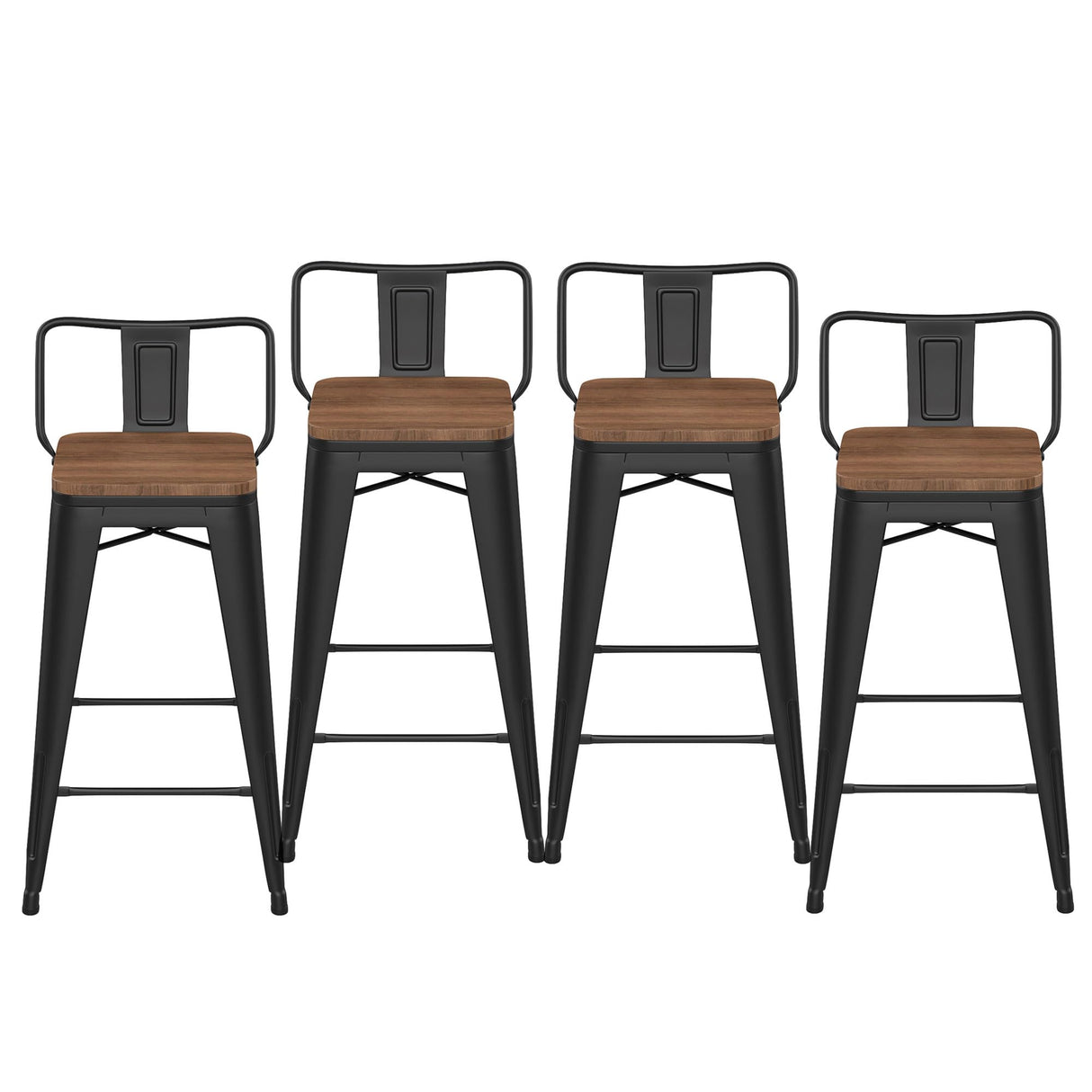 HAOBO Home 24" Low Back Metal Counter Stool Height Bar Stools with Wooden Seat [Set of 4] Barstools, Matte Black HAOBO Home