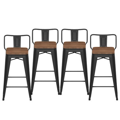 HAOBO Home 24" Low Back Metal Counter Stool Height Bar Stools with Wooden Seat [Set of 4] Barstools, Matte Black HAOBO Home