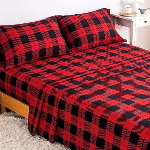 KACEMOO King Size Bed Sheets Set 4PC - Red Black Plaid Printed Sheet Soft Cooling 1800 Thread Count Brushed, 8-17'' Deep Pocket Kids Pattern Bed Sheet, Machine Washable Patterned Double Bedding Set KACEMOO