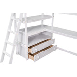 MERITLINE Twin Loft Bed with Desk, Storage Drawers and Shelves in White MERITLINE