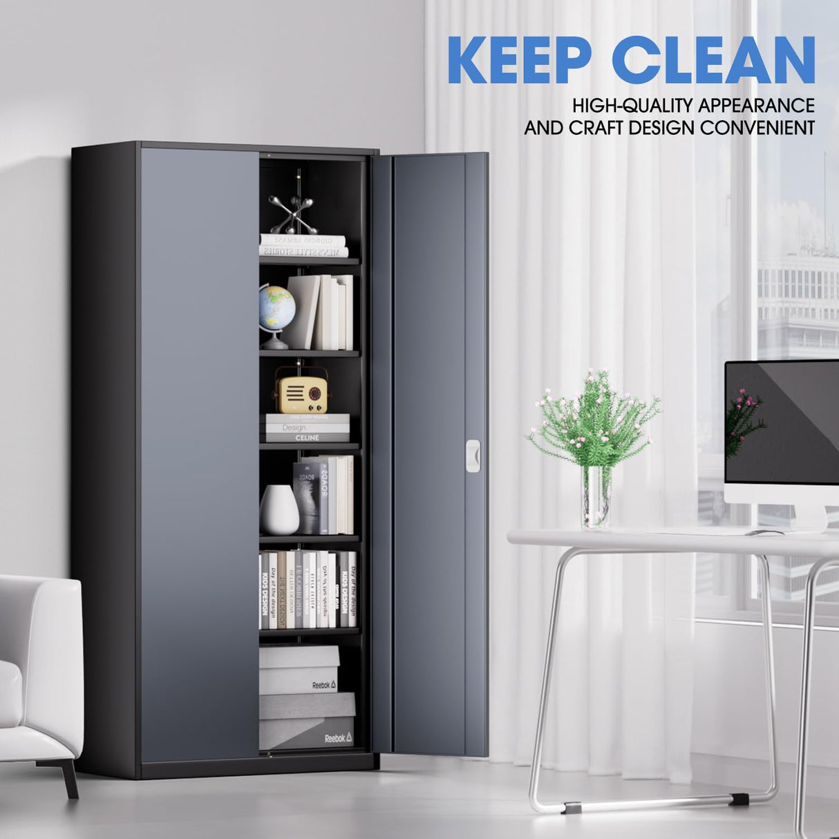 DNA MOTORING Metal Storage Cabinet, 71'' Locking Cabinet with 5 Adjustable Shelves, Metal Cabinet Heavy Duty Utility Cabinet for Garage,Office,Home,Gym, Gray Black, TOOLS-00632-GY-BK DNA MOTORING