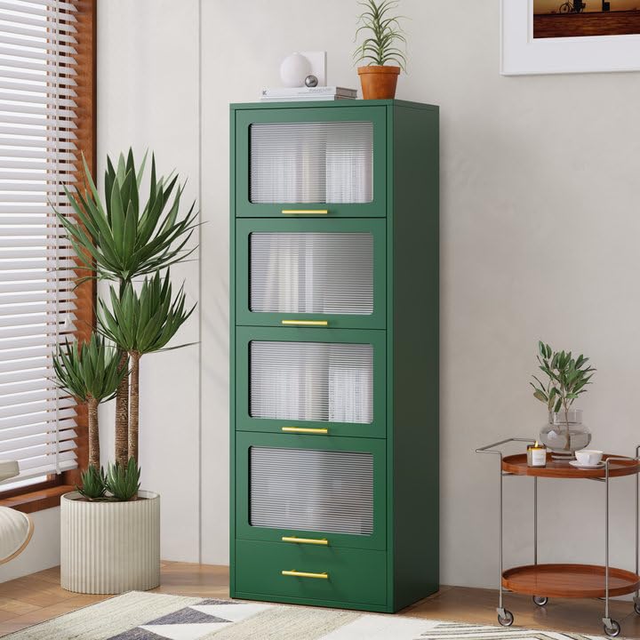 winiowa Green Metal 5-Tier Kitchen Storage Cabinet, 63" Tall Pantry Microwave Stand with Flip-up Acrylic Glass Doors, Freestanding Bakers Rack with Drawer for Kitchen, Dining/Living Room winiowa