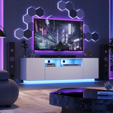 WLIVE TV Stand for 65 Inch TV, Modern Entertainment Center with LED, 58" TV Console with Storage Cabinet, TV Stands for Living Room, White WLIVE