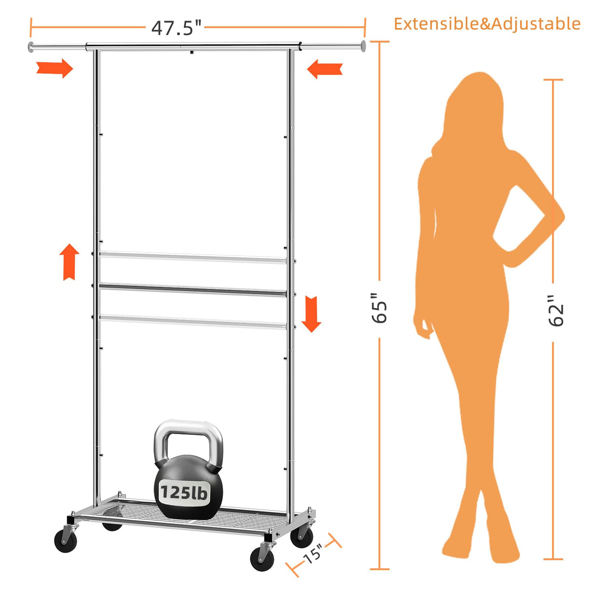 Simple Trending Standard Clothing Garment Rack, Rolling Clothes Organizer with Wheels and Bottom Shelves, Extendable, Chrome Simple Trending