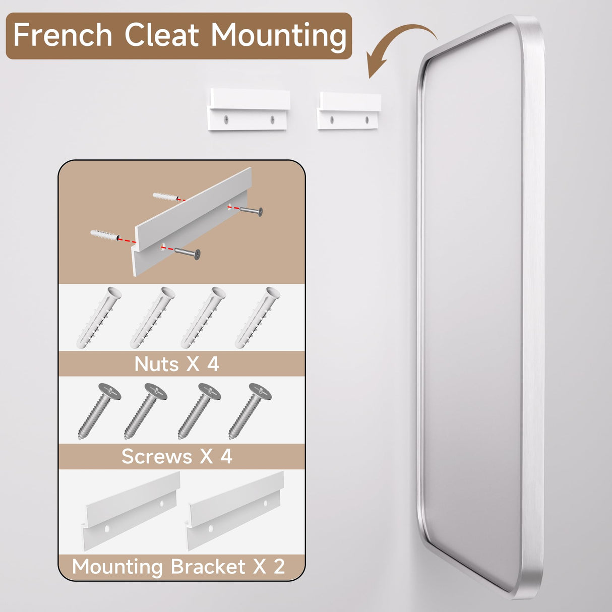 MODCART Silver Bathroom Mirrors for Wall, 55X30 Inch Rounded Rectangle Mirror, Silver Bathroom Vanity Mirror, Metal Framed Wall-Mounted Mirror（Horizontally or Vertically, Tempered Glass MODCART