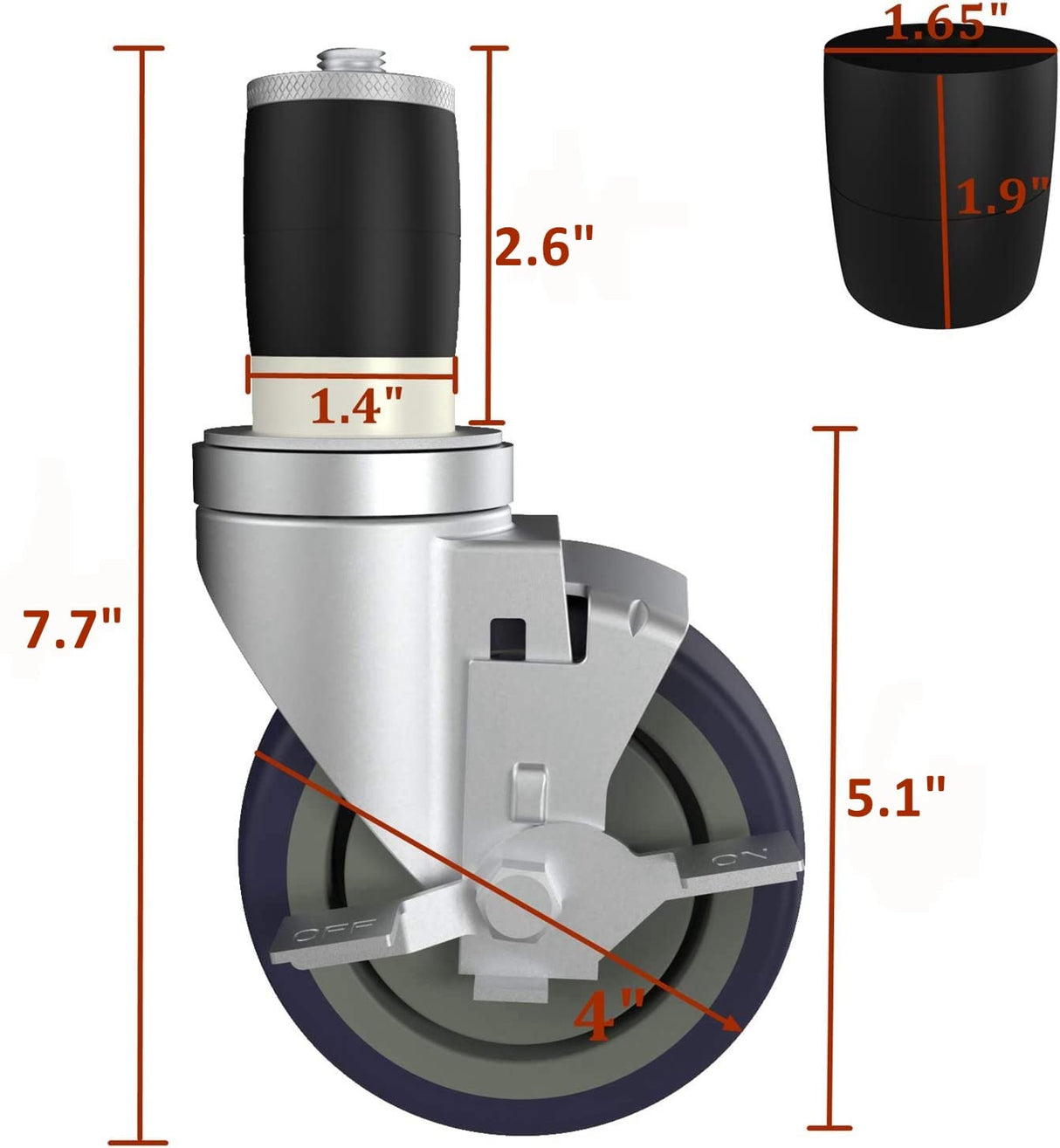 MySit 4 inch Work Table Caster Wheels for Commercial Kitchen Prep Tables, Expanding Stem Casters Set of 4 with Locking Brakes Fit Both 1-1/2" and 1-5/8" Leg Tube Adapter for Stainless Steel Worktable MySit