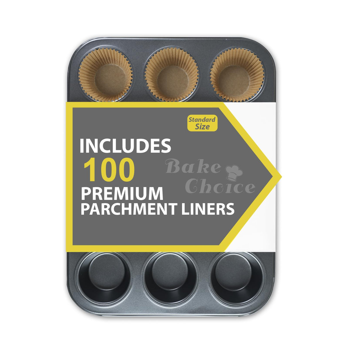 Bake Choice Muffin Top Pan includes 100 Natural Cupcake Liners, Cupcake Pans Nonstick 12 Cup, Muffin Tin, Carbon Steel Baking Supplies Bake Choice