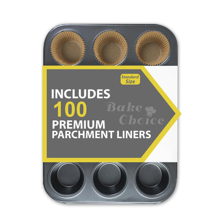 Bake Choice Muffin Top Pan includes 100 Natural Cupcake Liners, Cupcake Pans Nonstick 12 Cup, Muffin Tin, Carbon Steel Baking Supplies Bake Choice