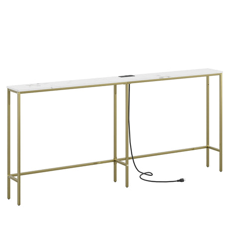 Masupu 70.9 Inch Console Table with Power Outlet,Modern Narrow Long Sofa Table Behind Couch,Skinny Entry Table with Gold Metal Frame for Entryway,Living Room, Hallway,Marble White Masupu