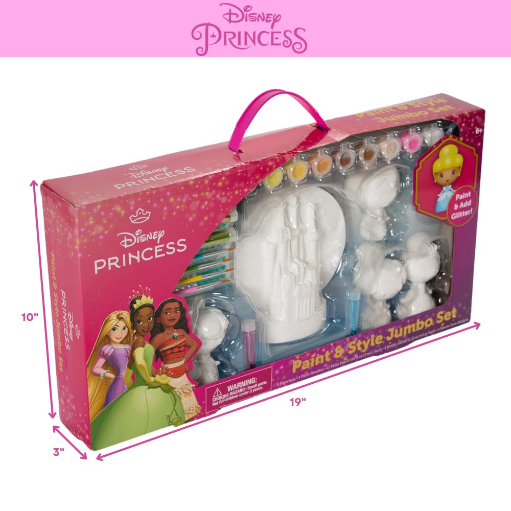 Disney Princess DIY Paint Your Own Figurines Arts and Crafts Set for Girls, Jumbo Figurines, Paint, Paint Brush, Glitter, and Gem Adhesives, Cinderella, Belle, Tiana, Jasmine, and Princess Castle Innovative Designs