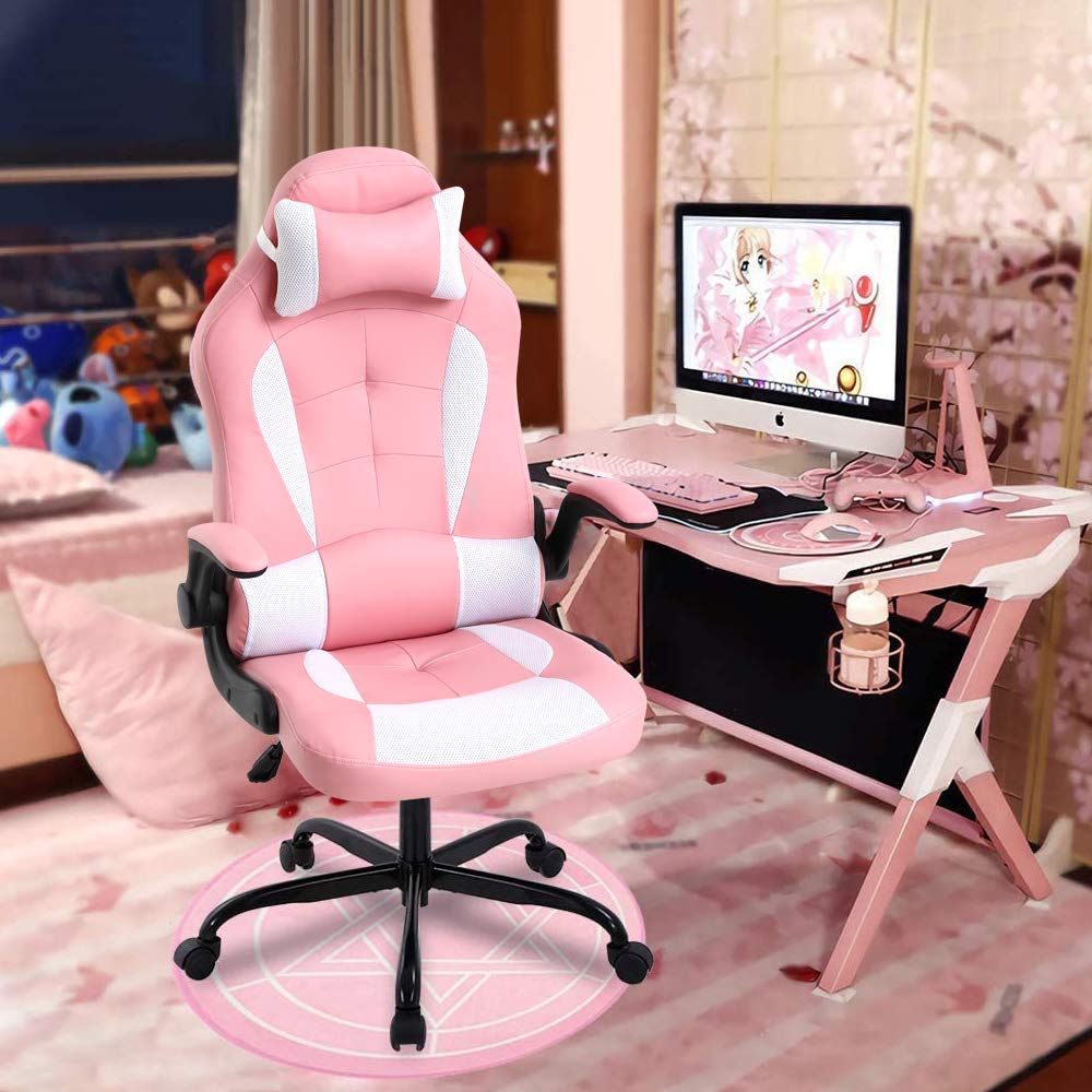 Meet perfect Pink Gaming Chair for Adults, Ergonomic Computer Chair w/Flip Up Armrest and Lumbar Support Adjustable Office Gamer Chair with 360° Swivel Seat and Headrest, 250lb Capacity Meet perfect