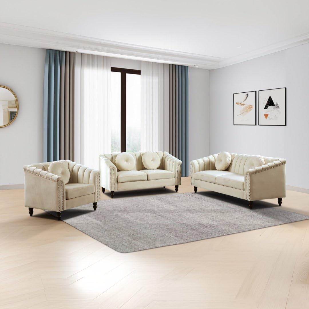 UOCFYK 60" Loveseat Sofa, Microfiber Chesterfield Upholstered Sofas Love Seat, Couch Chair Sets with Style Button Tufted, Scroll Arms and Nailhead for Living Room, Office, White UOCFYK