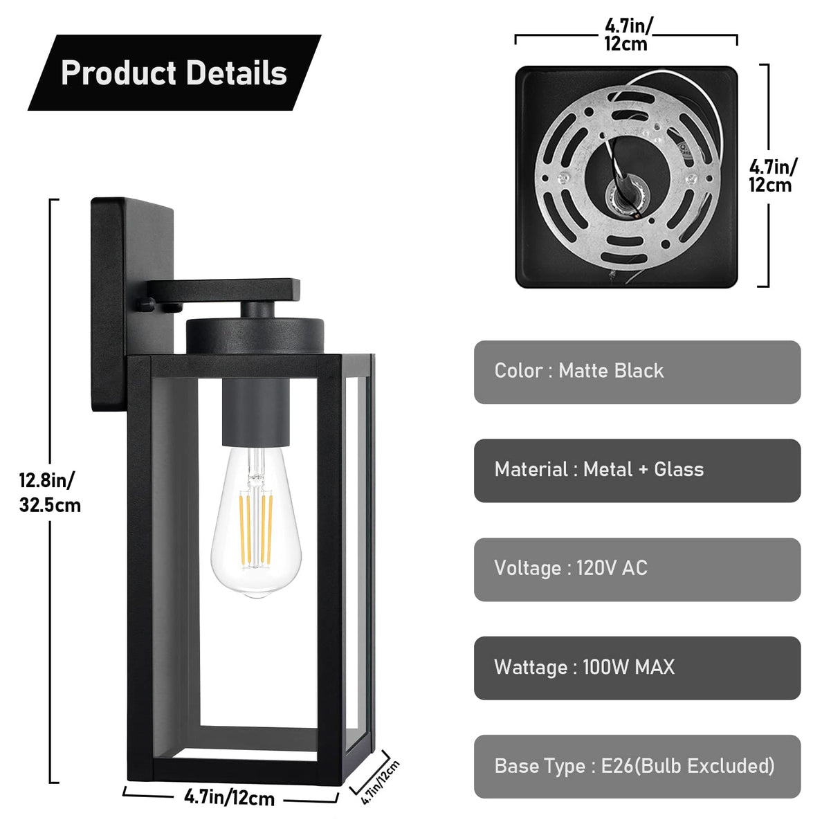 Outdoor Wall Light Fixtures, Exterior Waterproof Wall Lanterns, Porch Sconces Lighting with E26 Sockets & Glass Shades, Modern Matte Black Outside Lights for Patio Front Door Entryway Garage, 2-Pack BesLowe