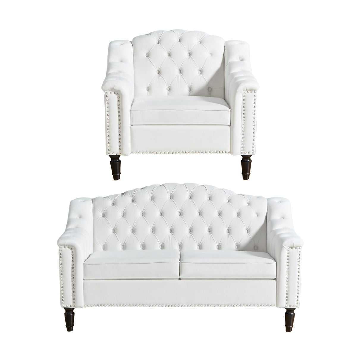 SUJOUCRAFT Chesterfield Camelback Chair & Loveseat, Living Room Soft Fabric Sofa Couch Set, Mid-Century Elegant Sectional Couches with Deep Seat Tufted Backrest (Velvet-Camelback-1+2, White) SUJOUCRAFT