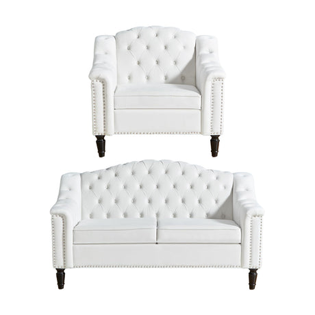 SUJOUCRAFT Chesterfield Camelback Chair & Loveseat, Living Room Soft Fabric Sofa Couch Set, Mid-Century Elegant Sectional Couches with Deep Seat Tufted Backrest (Velvet-Camelback-1+2, White) SUJOUCRAFT