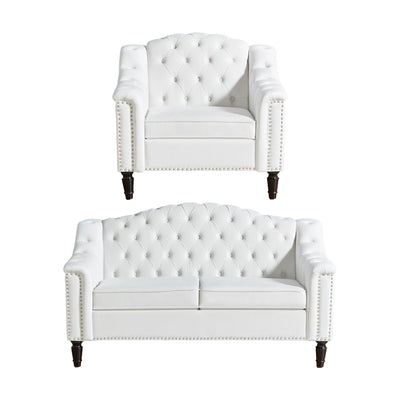 SUJOUCRAFT Chesterfield Camelback Chair & Loveseat, Living Room Soft Fabric Sofa Couch Set, Mid-Century Elegant Sectional Couches with Deep Seat Tufted Backrest (Velvet-Camelback-1+2, White)