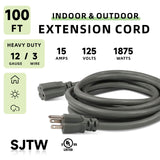 EP 100 Ft Outdoor Extension Cord, 12/3 SJTW Heavy Duty Extension Cable with 3 Prong Grounded Plug, 15 AMP Power Cord for Lawn, Garden, Appliances, Gray EP