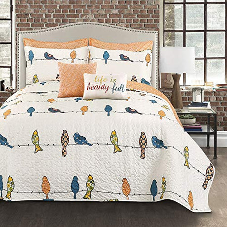 Lush Decor Rowley Birds Quilt Set, 7 Piece Set, Full/ Queen, Multi - Reversible Bird Bedding Set With Pillow Cases & Throw Pillows - Colorful, Whimsical, & Playful Floral Bird Print Lush Decor