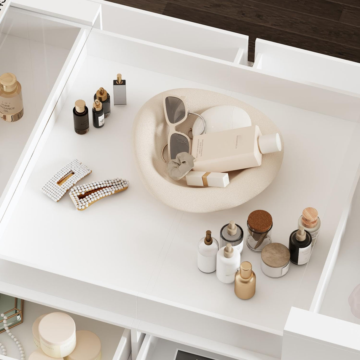 TAMUNE Armoire Bedroom Island Wardrobe Closet Island with 12 Drawers & Sliding Glass Tabletop, Island Dresser with Expandable Design, Closet Island for Bedroom Cloakroom White 63”W x 31.5”W x 35.8”H TAMUNE