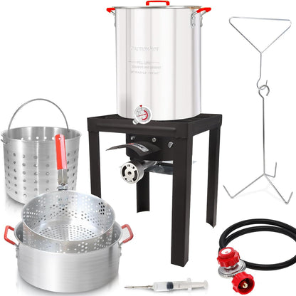 GasOne 30QT Turkey Fryer and 10QT Fish Fryer Set, Seafood Boil Steamer, Crawfish Boiler, Outdoor Cooker for Crab, Shrimp, Lobster, Complete Black Fryer Kit for Holiday and Seasonal Cooking