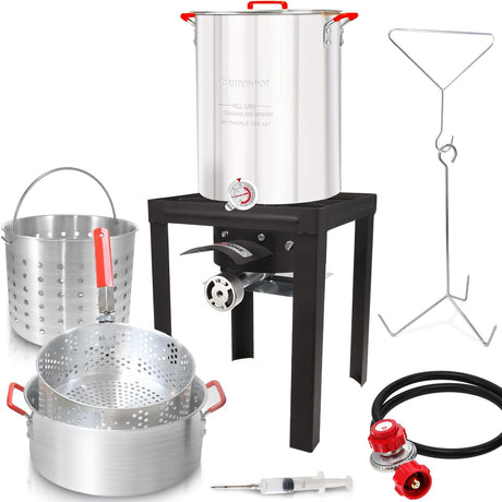 GasOne 30QT Turkey Fryer and 10QT Fish Fryer Set, Seafood Boil Steamer, Crawfish Boiler, Outdoor Cooker for Crab, Shrimp, Lobster, Complete Black Fryer Kit for Holiday and Seasonal Cooking Gas One