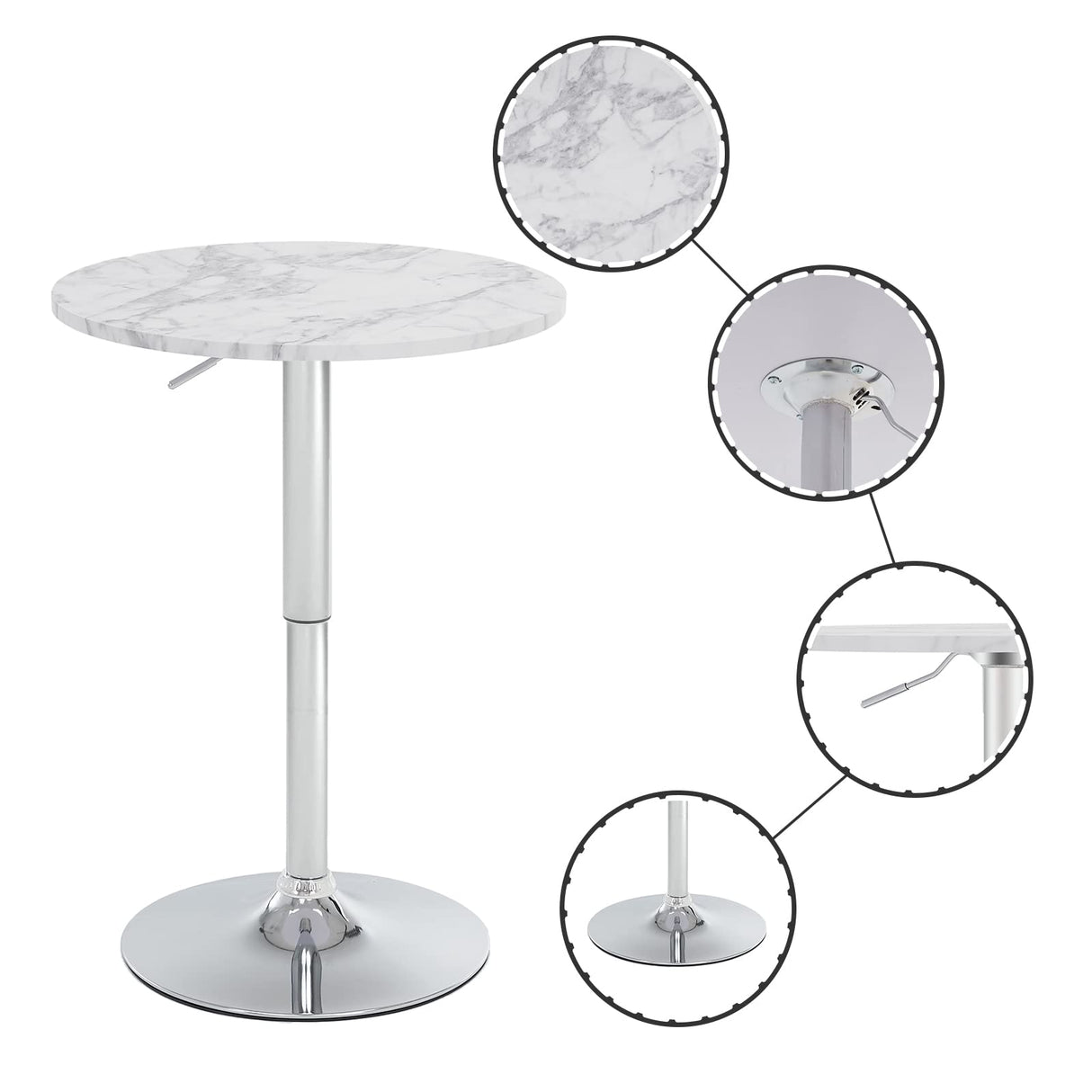 Rongbuk 23.6" Round Bar Table, Adjustable Height Bar Table, Modern Cocktail Bar Table with MDF Top and Metal Base, Bistro Pub Table Suitable for Café, Kitchen Island, Bar Counter, White Rongbuk