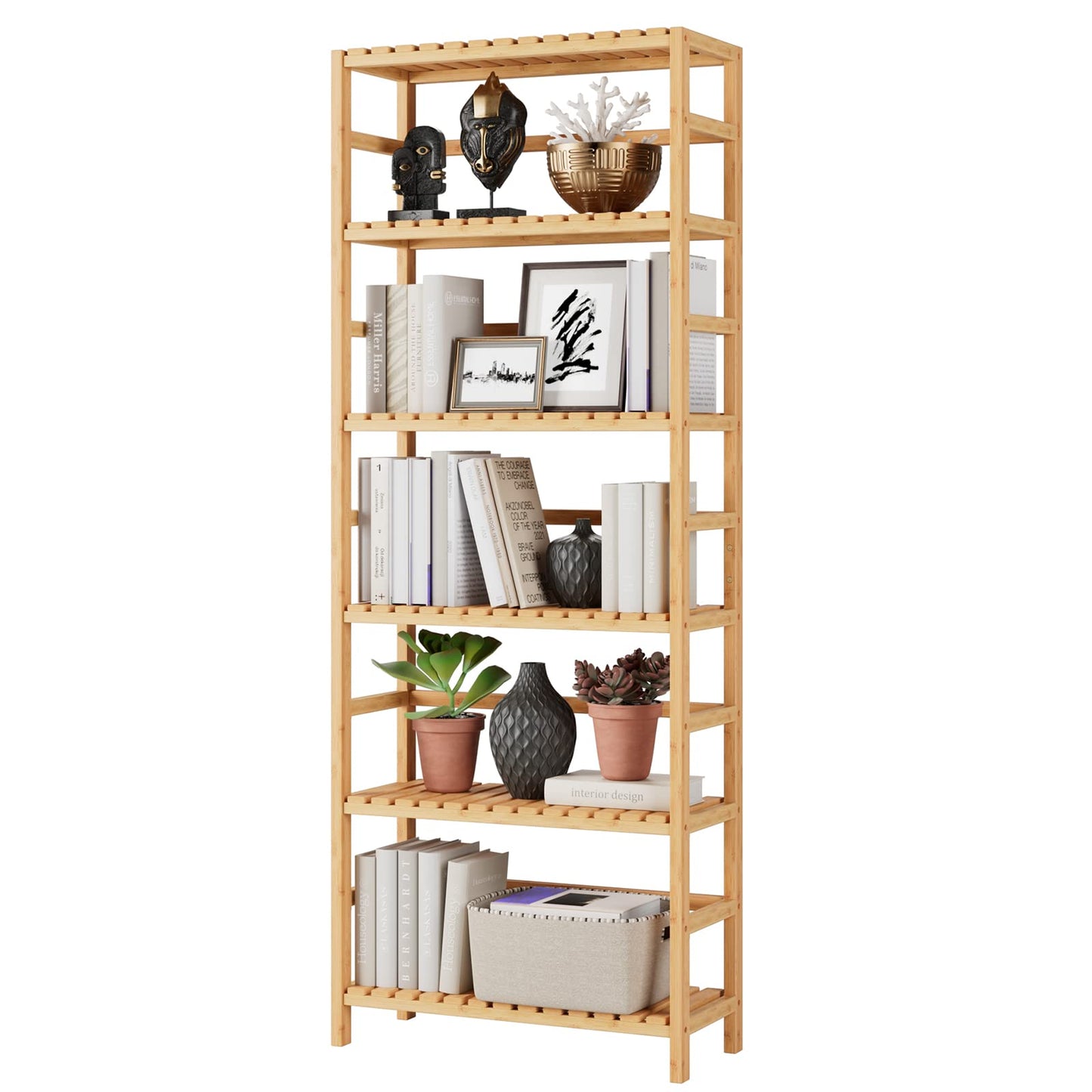 Bamjoy Bamboo Bookshelf, 6 Tier Bookcase Storage Shelves, Tall Book Rack Shelving Unit, Multipurpose Storage Adjustable Shelves Plant Stand for Home Office Bathroom Kitchen Living Room, 64" H