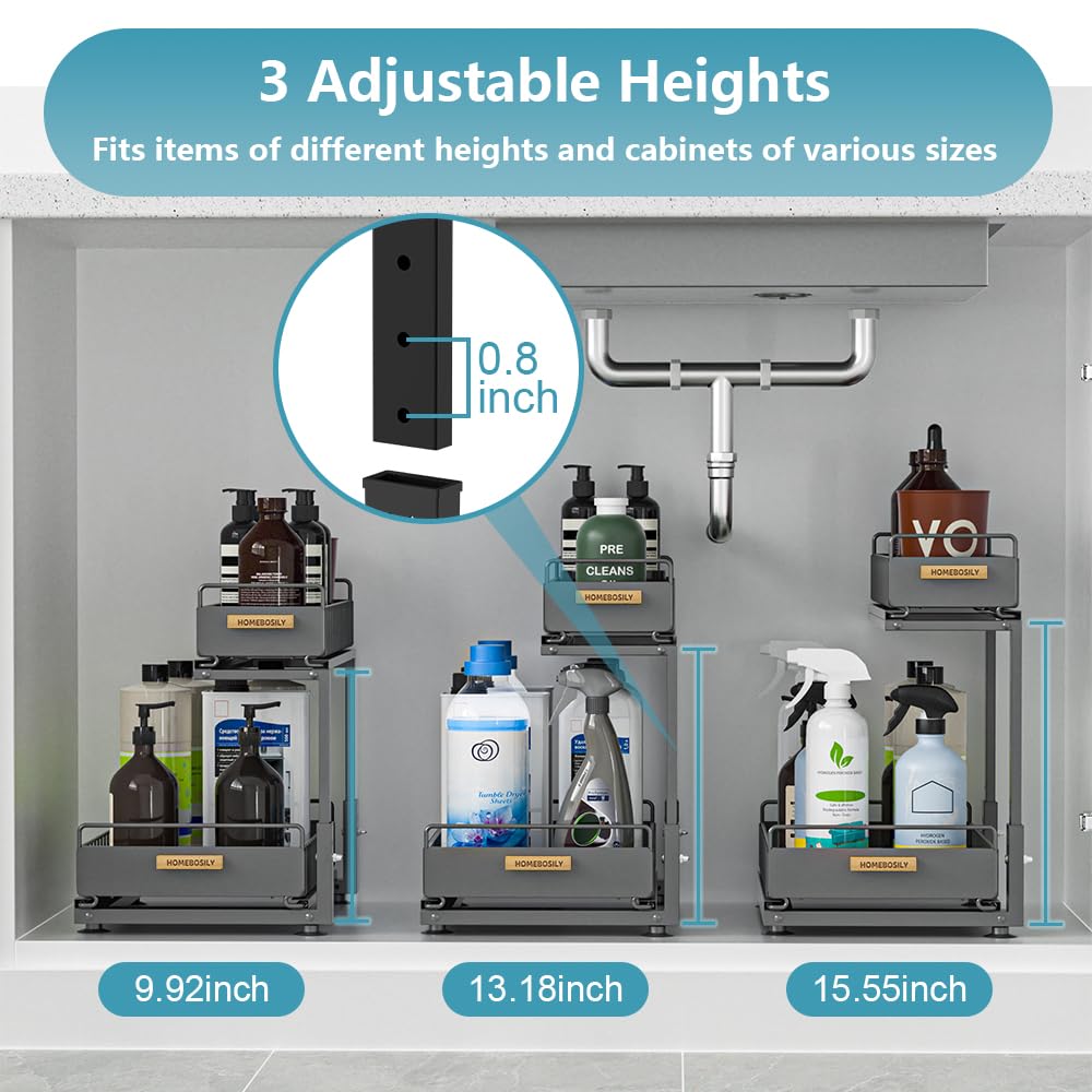 Under Sink Organizer Kitchen, 2 Tier Under Sink Organizers and Storage, Pull out Cabinet Organizer Shelf, Metal Drawer for Kitchen Bathroom Pantry Cabinet Closet Organization Rack, Black, 1 Pack HOMEBOSILY