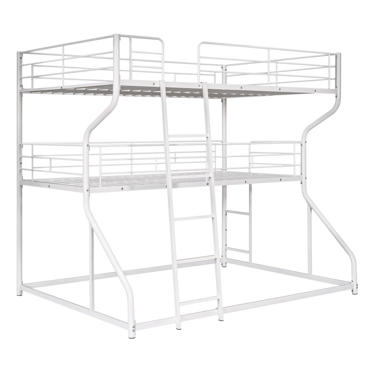 Metal Triple Bunk Beds, Full XL over Twin XL over Queen Bunk Beds for 3, Modern Style Heavy-Duty Steel Frame Bunk Bed with Safety Rail, Built-in Ladder for Bedroom, Dorm, Kids, Teens, Adults (White)