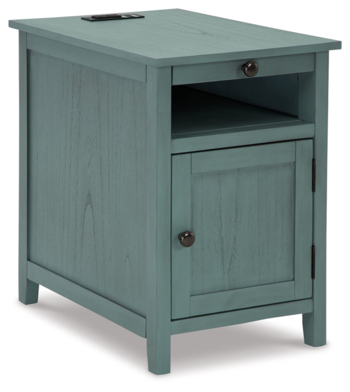 Signature Design by Ashley Treytown Casual Compact Chairside End Table with a Storage Cabinet, Open Cubby Shelf, Pull-Out Tray & USB Charging Ports, Blue Signature Design by Ashley